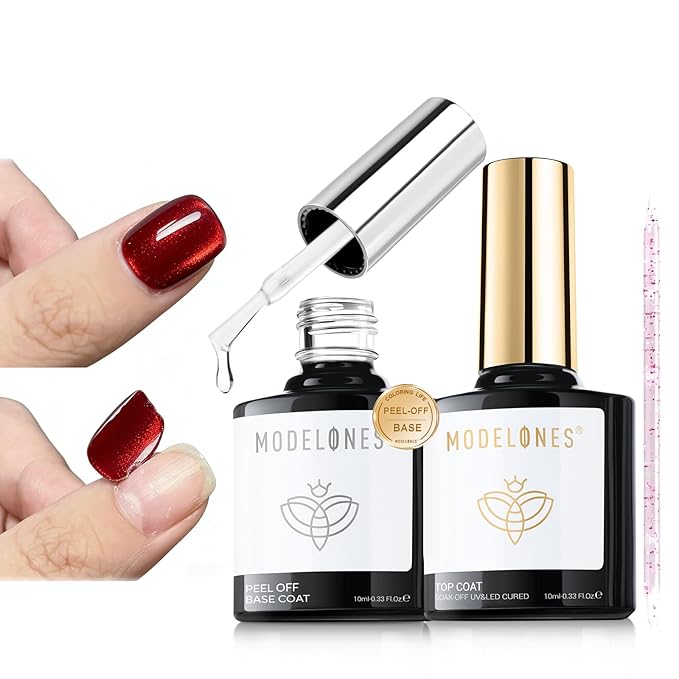 Modelones Peel Off Base Coat and Gel Top Coat Set, 2 Pcs No Wipe Clear Top Gel Nail Polish and Peelable Practice Base Easy Removal, Nail Art Manicure DIY Gift for Weak Thin Nails Beginner Women 10ml