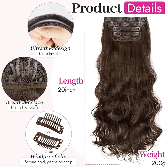 KooKaStyle Clip In Hair Extensions, Natural Long Layered Soft Invisible Synthetic Curly Wavy Hairpieces for Women, 4 pcs (20 Inch, Chocolate Brown)