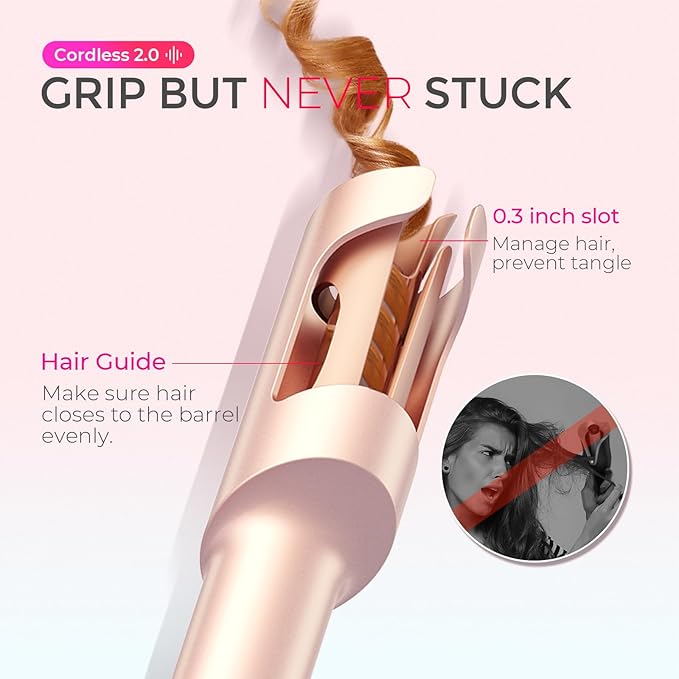TYMO Cordless Automatic Curling Iron - TYMO CurlGo 1 Inch Beach Waves Rotating Curling Wand, Portable Hair Curlers for Travel, Dual Voltage & Rechargeable Curler for Women, Tangle-Free, Gold Blush