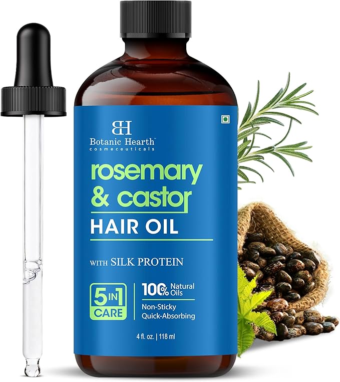 Botanic Hearth Hair Oil for Hair Growth | Strengthening Dry, Frizzy, Damaged Hair & Scalp Treatment | No Parabens or Harmful Sulfates | All Hair Types | Rosemary Castor Hair Oil - 4 Fl Oz
