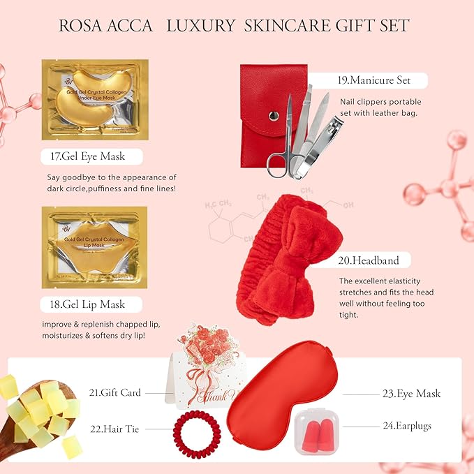 Valentines Day Gifts for Women, Red Rose 32 Pcs Facial Skin Care Set, Bath and Body Gifts, Spa Set & Self-Care Kit, Lip Gloss, Face Sheet Mask, Serum, Present, Birthday, Christmas, Mother Day