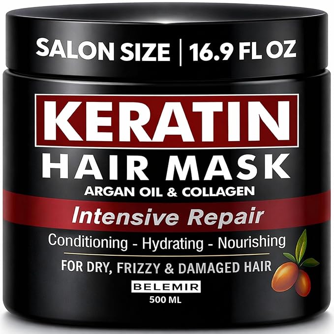 BELEMIR Keratin Hair Mask – Deep Conditioning for Damaged Hair – Collagen & Argan Oil Treatment – Hydrating & Repairing – Sulfate & Paraben Free – 500 ml / 16.9 fl oz