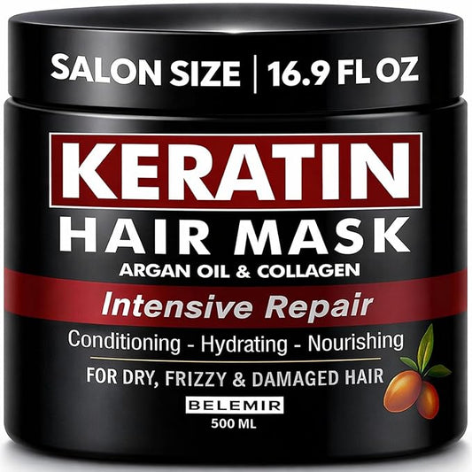 BELEMIR Keratin Hair Mask – Deep Conditioning for Damaged Hair – Collagen & Argan Oil Treatment – Hydrating & Repairing – Sulfate & Paraben Free – 500 ml / 16.9 fl oz