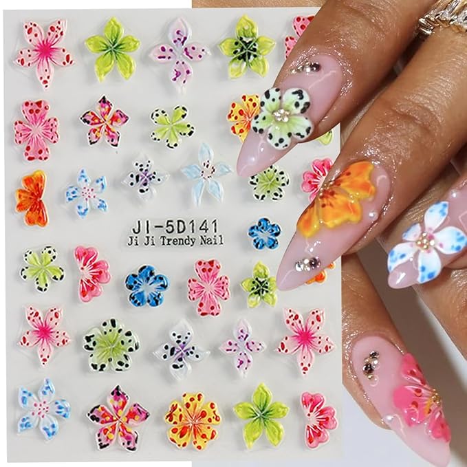 4 Sheet Flower Nail Art Stickers 5D Embossed Nail Decals Spring Nail Flower Stickers Colorful Floral Nail Art Design Gold 3D Self-Adhesive Acrylic Nails Art Supplies for Women Girls