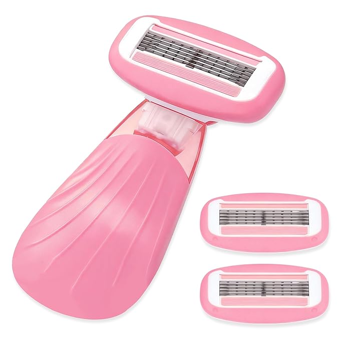 Women Razors moisturizing bar for Sensitive Skin, Travel Razors Shaving Kit Essential - 5-Blade for Sensitive Skin - Bikini, Legs, Underarms - 1 Handle & 3 Refill Cartridges - Pink