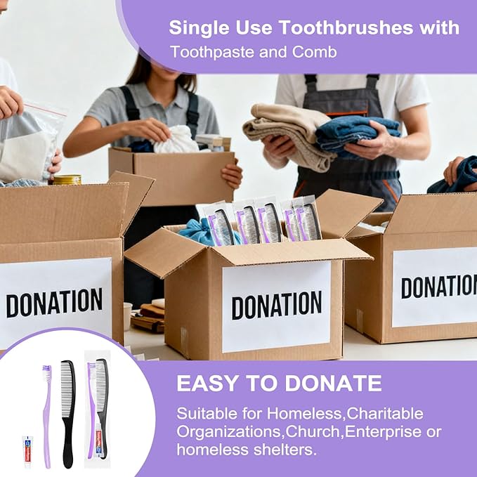 Purple Disposable Toothbrushes with Toothpaste and Comb - Pack of 30,Individually Wrapped Single Use Travel Toothbrushes Kit Bulk for Homeless,Guests,Hotel