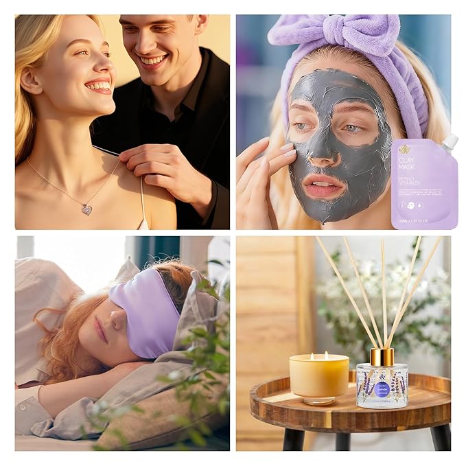 35 Pcs Valentines Day Gifts for Women, Lavender Bath and Body Gift Basket, Facial Skin Care Set, Spa Kit, Self-Care Set, Face Sheet Mask, Necklace, Birthday, Christmas, Mother Day, Anniversary