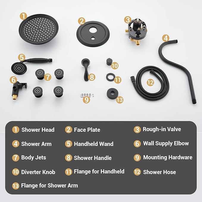 DASAN Antique Shower Faucet Sets Complete Rain Shower System in Wall with Body Shower Spray Jets, Matte Black Shower Fixtures with 9’’ Rainfall Overhead Shower, Handheld, Valve & Trim Kit, AT249W-MB