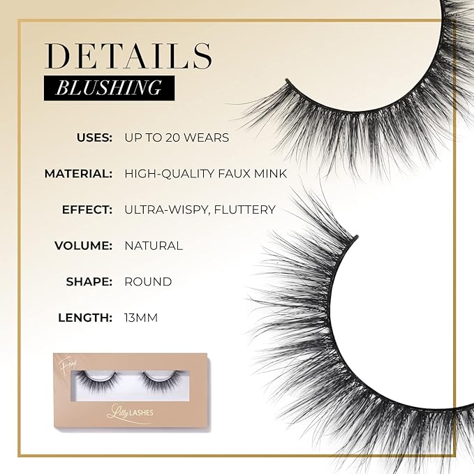 Lilly Lashes Everyday Blushing Natural Lashes, Faux Mink Natural Eyelashes, False Eyelashes Everyday Use, Individual Lashes Reusable up to 20x, No Lash Glue Included (13mm)