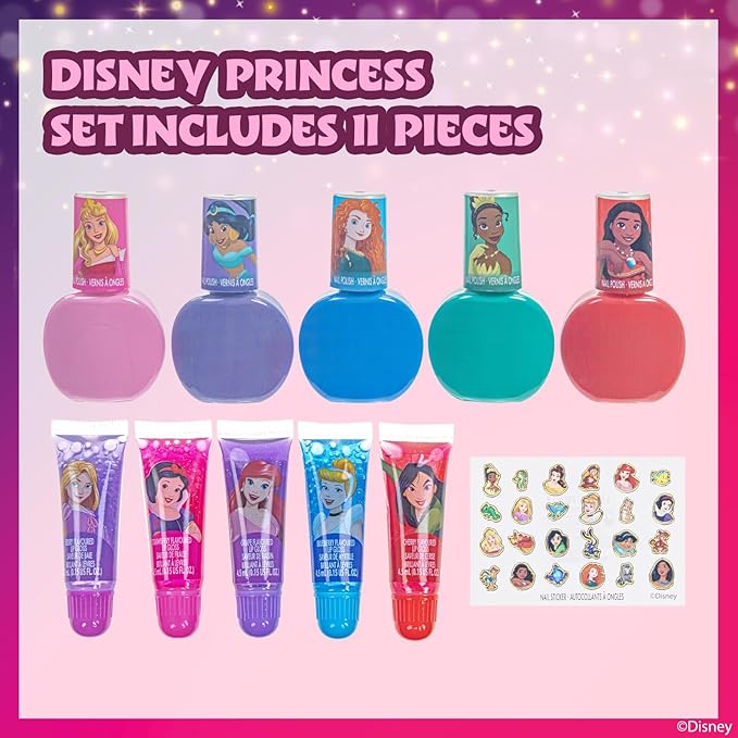 Disney Princess Sparkly Cosmetic Makeup Set for Girls with Lip Gloss Nail Polish Nail Stickers 11 Pcs Perfect for Birthday Gift by Townley Girl