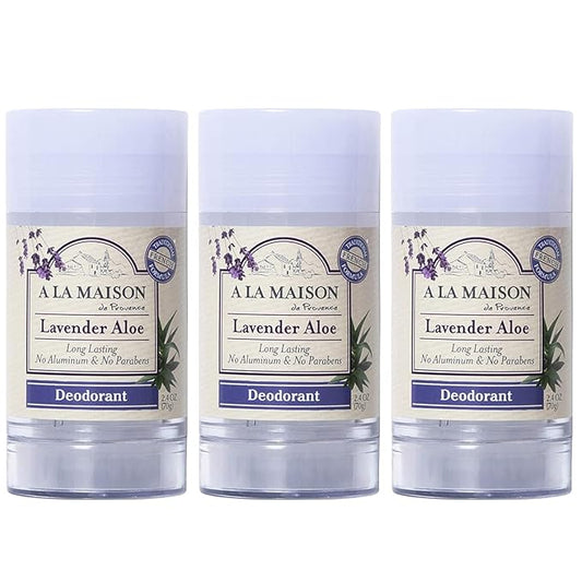A La Maison de Provence Natural Aluminum-Free Deodorant Traditional French Milled Formula | Long Lasting Safe and Effective | Free of SLS, Parabens and Sulfates (3 x 2.4 oz, Lavender Aloe)
