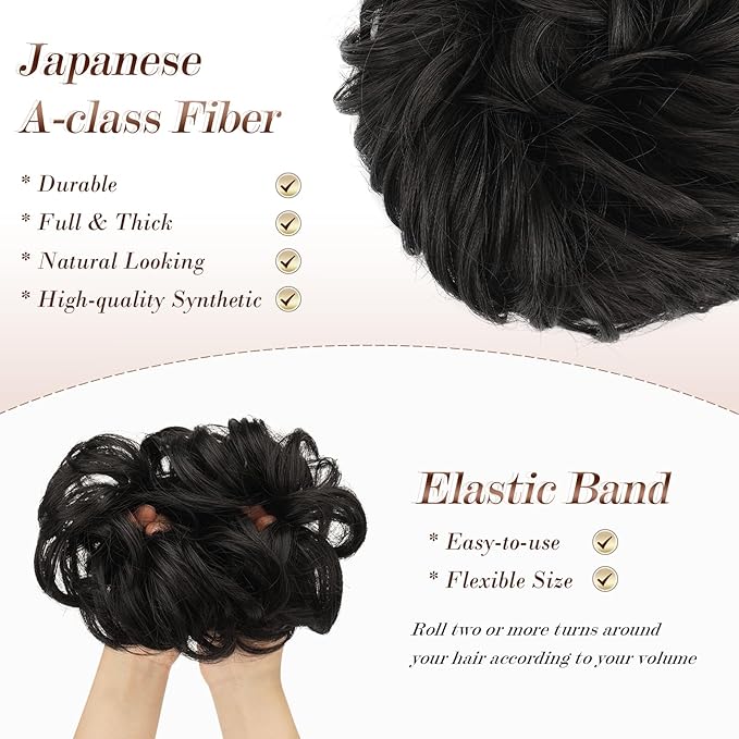 FESHFEN Messy Bun Hair Piece - Wavy Synthetic Chignon Scrunchies for Instant Volume, Elastic Bun Ponytail Hair Extensions Thick Hairpieces for Women, Black Brown 1.50 oz
