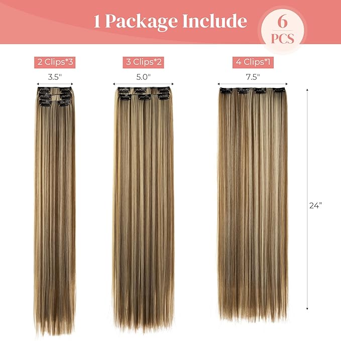 Clip in hair extensions，LONAI 6PCS Straight 24" Hair Extensions for Women，Heat Resistant Synthetic Hairpiece-Brown with Light Blonde