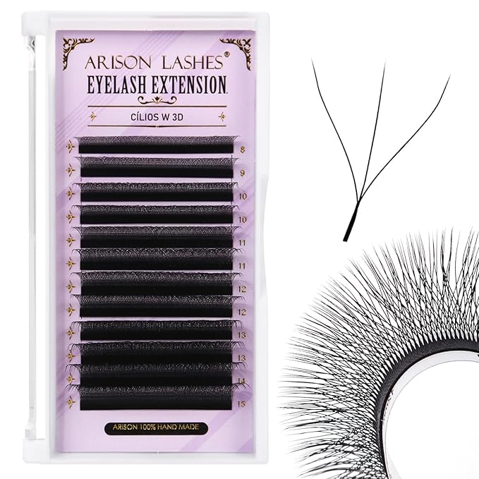 Arison Lashes 3D W Shape Eyelash Extension Natural Soft Volume Premade Fans Faux Mink Matte Black Cluster 12 rows(3DW-0.07-C-8-15mix)