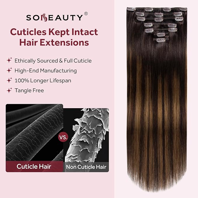 Clip in Hair Extensions Real Human Hair, Silky Remy Hair Extensions Clip Ins, Salon Quality Straight Human Hair for Women, Dark Brown to Chestnut Brown #2TP6/2 20Inch 120G 7PCS