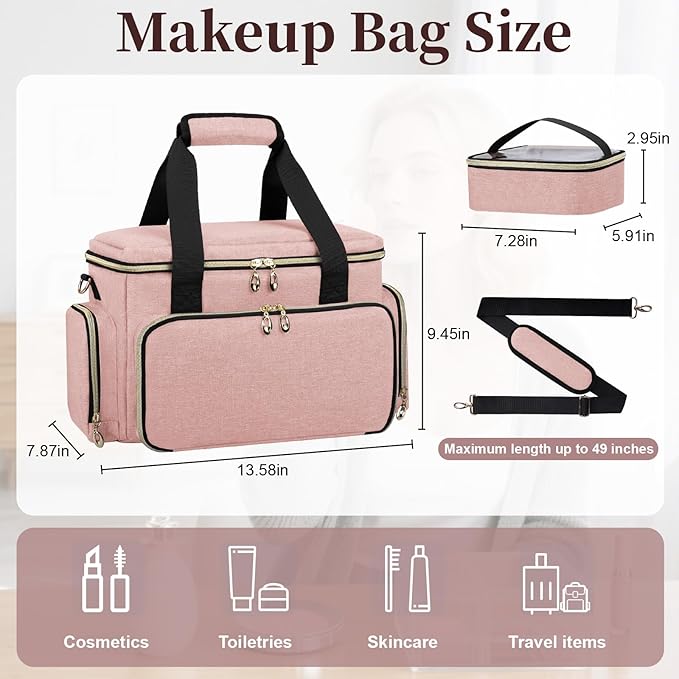 GDNasist Large Makeup Bag, Portable Travel Makeup Bag Organizer for Women Girls with 2 Removable Pouches & Detachable Dividers, Cosmetic Travel Bag, Toiletry Bag for Makeup and Hair Supplies Pink