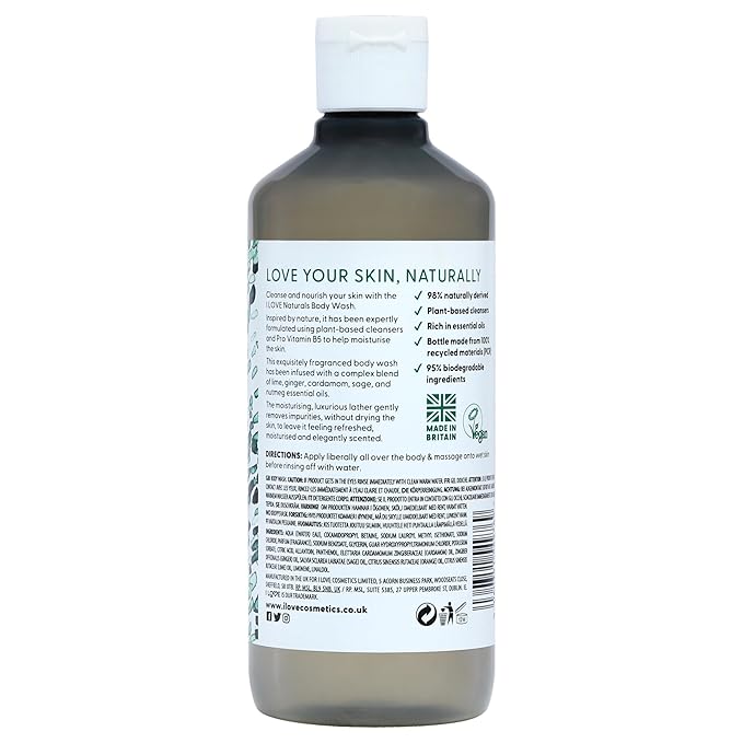 I LOVE Naturals Lime, Ginger, and Cardamom Body Wash - Moisturizing Body Wash - Infused with Essential Oils - Plant-Based Body Cleanser - 16.9 oz
