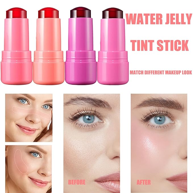 4PCS Milk Cooling Water Jelly Tint, Jelly Tint, Makeup Jelly Blush Stick, Vegan, Milk Jelly Blush, Multi-Use Cheek and Lip Stain, Cruelty Free, Blush Stick for Cheeks and Lips with Gift
