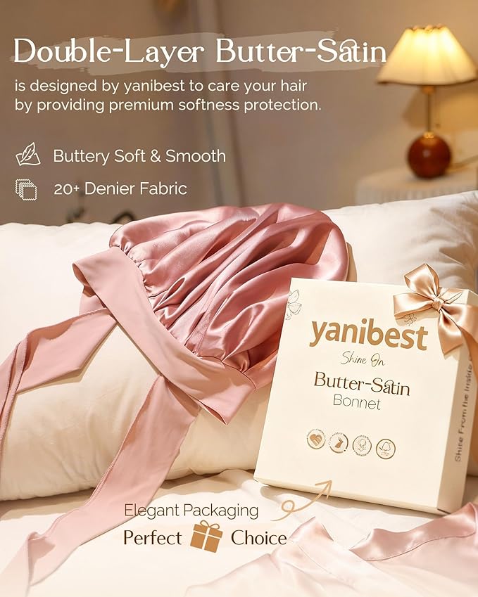 YANIBEST Adjustable Silk Bonnet for Sleeping Women Double Layer Satin Bonnet Reduce Friction Prevent Frizz Curly Hair