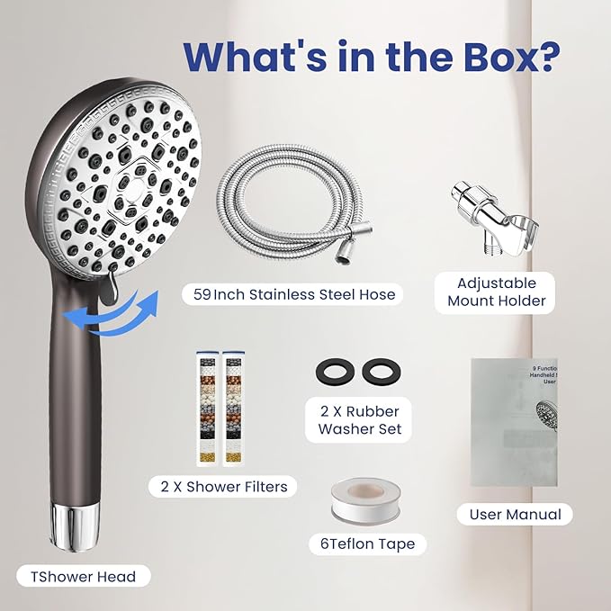 Shower Head with Handheld, Shower Heads High Pressure, Shower Head with Filter-Hand Held Showerhead Set,7 Modes Filtered Showerhead with 59″Replacement Hose/Bracket/Filters