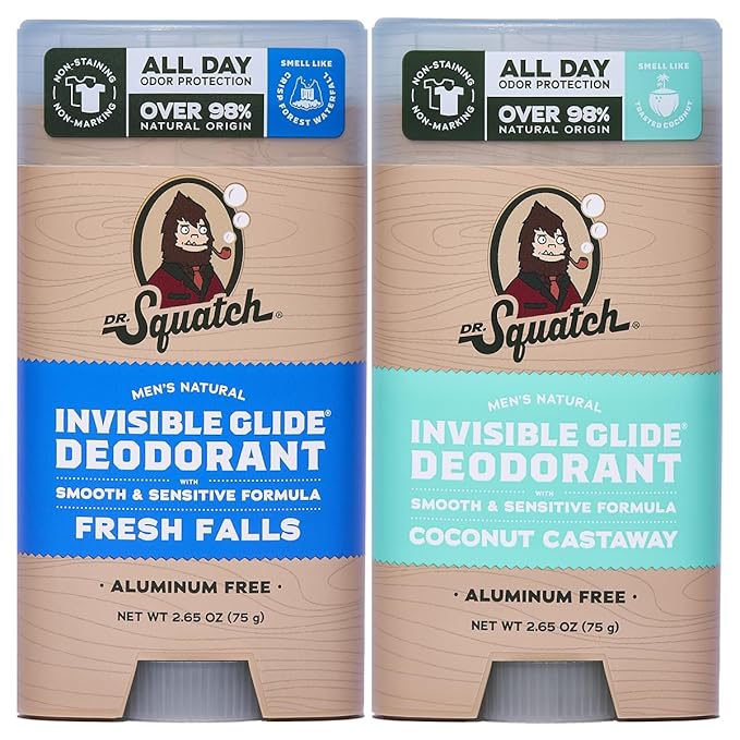 Dr. Squatch Invisible Glide Natural Men’s Deodorant – Smooth Glide, No Stains – Aluminum Free Deodorant Men – Safe for Sensitive Skin – Fresh Falls + Coconut Castaway, 2.65oz (2-Pack)