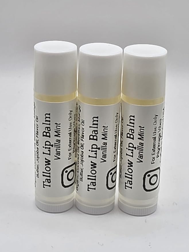 Tallow Lip Balm (3 Pack) (Vanilla Mint) Handmade Natural Grass Fed Beef Tallow Lip Balm with Nourishing Oils