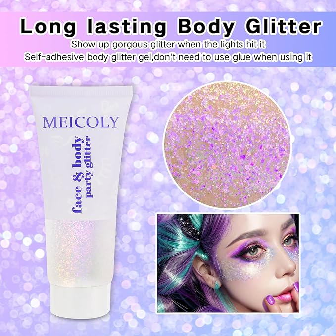 MEICOLY Fine Face Body Glitter,Holographic Color Changing Glitter Gel for Body,Face,Hair,Lip,Eye,Long Lasting Self-Adhesive Sequins Glitter Face Paint Makeup,Sparkling Pink,50ml