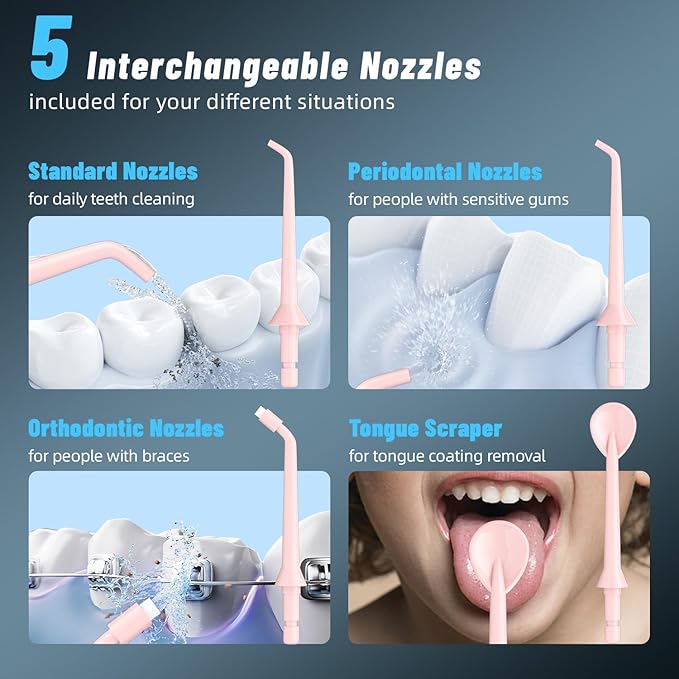 Water Dental Flosser Pick for Teeth Portable Oral Irrigator Rechargeable Travel Irrigation Cleaner 320ML Electric Flossing, IPX8 Waterproof, Waterproof Flossing Cleaning Picks for Home Travel (Pink)