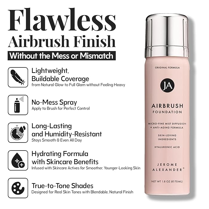 Jerome Alexander MagicMinerals AirBrush Foundation – 2 Piece Set with Airbrush Foundation and Kabuki Brush - Spray Makeup with Anti-aging Ingredients for Smooth Radiant Skin - Cognac