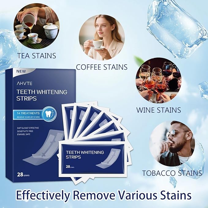Teeth Whitening Strips 14 Treatments, Gentle Enamel-Friendly Formula for Sensitive Teeth with Non-Slip Dry Tech, for Brighter Smiles After Coffee/Wine, 28 White Strips（Mint）