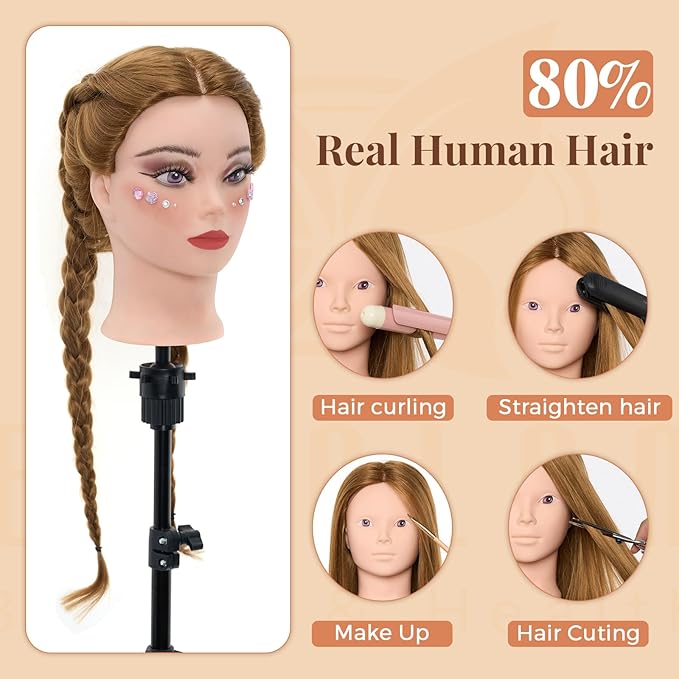 Mannequin Head 80% Human Hair with Tripod Stand,28 Inch Make up Cosmetology Manikin Practice Doll Head,Braiding Hairdressing Head with Table Clamp + DIY Hair Styling Set