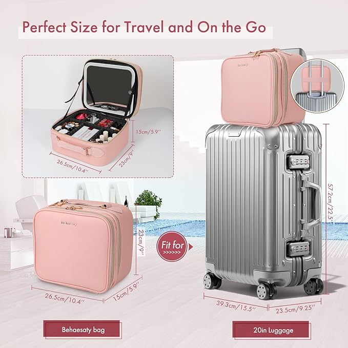 Behaesty Travel Makeup Bag with LED Mirror Double Layer, Detachable Vanity Mirror with Lights, Tri-light Dimmable, Makeup Case with Adjustable Dividers and Brush Holder Cosmetic Organizer Storage Box