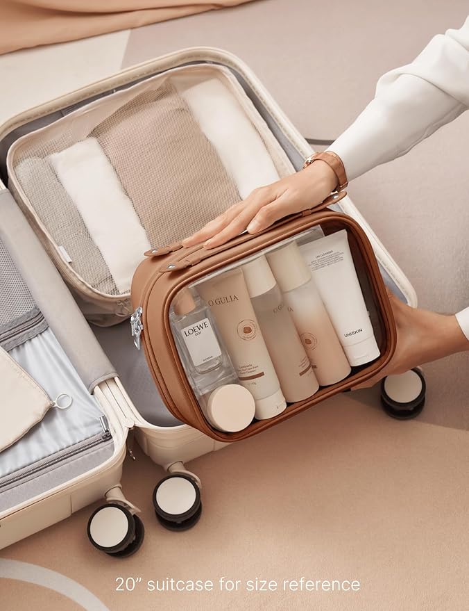 Oaque Clear Cosmetic Bag Double Layer Travel Toiletry Bag Clear Makeup Bag Case with 4 Compartments, Transparent Travel Bag for Toiletries, Large Toiletry Bag for Women Cosmetic Case (Brown, Large)