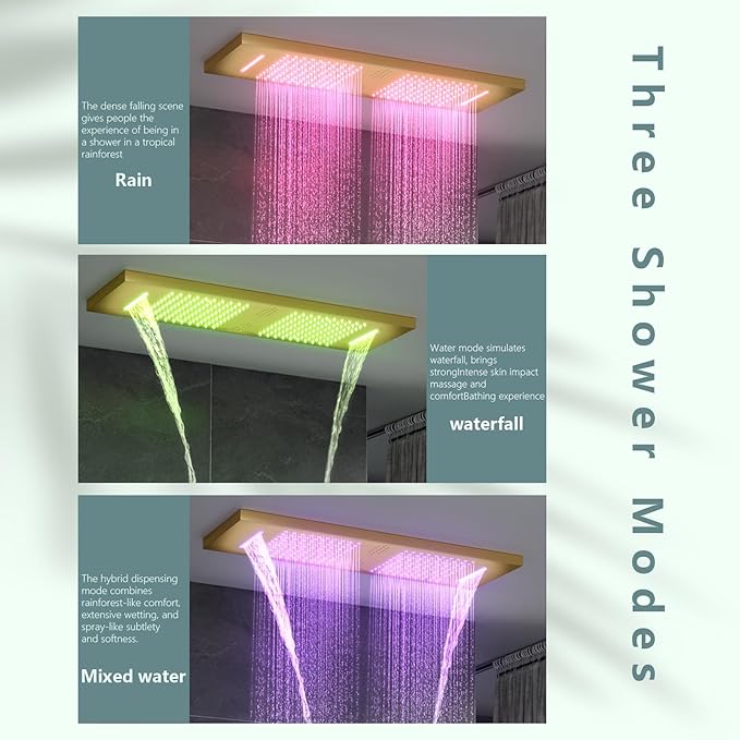 35.5X12 Inch Ceiling LED Music Dual Rain Shower Head Fit 2 Person Bathroom, Smart Large Luxury Thermostatic Rainfall Shower System Fixtures Set (Brushed Gold, Shower System With Body Jets)
