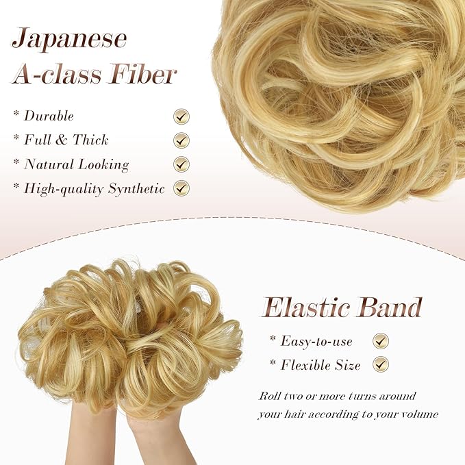 FESHFEN Messy Bun Hair Piece - Wavy Synthetic Chignon Scrunchies for Instant Volume, Elastic Bun Ponytail Hair Extensions Thick Hairpieces for Women, Strawberry Blonde & Bleach Blonde 1.50 oz