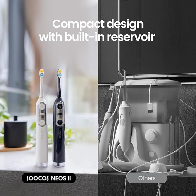 Soocas NEOS II - Electric Toothbrush with Water Flosser, Sonic Electric Toothbrush for Adults, Cordless Water Flosser for Travel, Portable Oral Irrigator, Up to 100% Plaque Removal, Pearl White