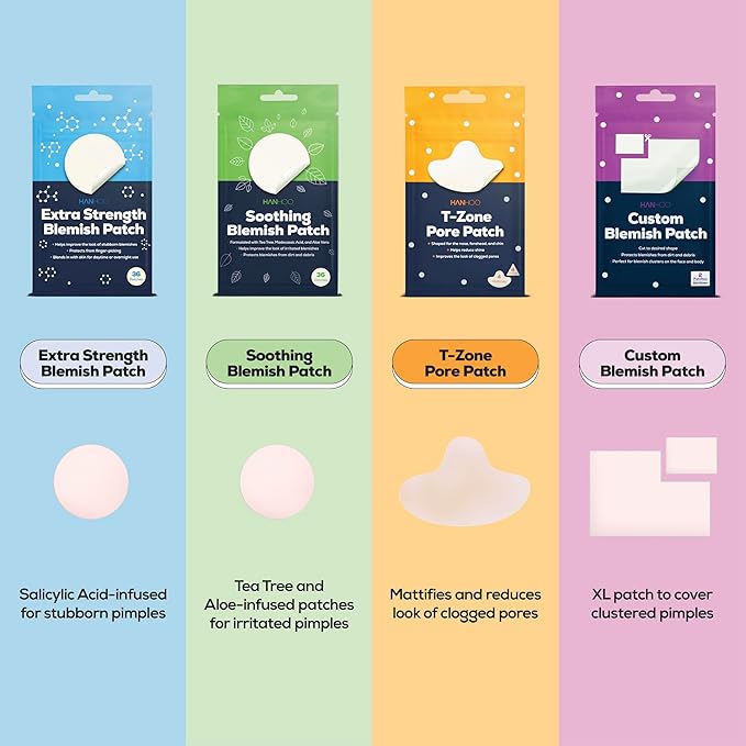 Hanhoo Soothing Blemish Patch,Extra Strength Blemish Patch,Face & Body Blemish Patch,and T-Zone Pore Patch Bundle,90 Total Patches,with Salicylic Acid, Tea Tree, and Aloe, Blackhead and Acne Treatment