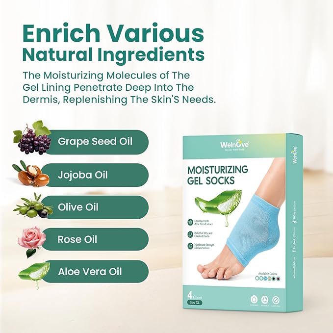 Welnove Moisturizing Heel Socks - 2 Pairs Aloe Vera Extract Infused Gel Lining for Dry Feet - Cracked Heel Repair Treatment - Cotton Socks for Women Men Foot Care (Blue, Extra Large)