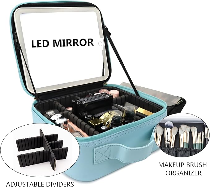 SLUMAZI Travel Makeup Bag with LED Mirror Travel Makeup Organizer with 3 Lighted Settings, Adjustable Dividers and Makeup Brush Storage Bag Light Blue
