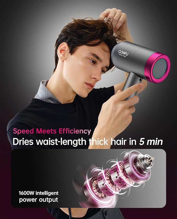 CONFU Ionic Blow Dryer 1600W, Portable Lightweight Fast Drying Negative Ion Hairdryer Blowdryer, 3 Heat Settings & Infinity Speed, with Diffuser and Concentrator Nozzle for Home & Travel