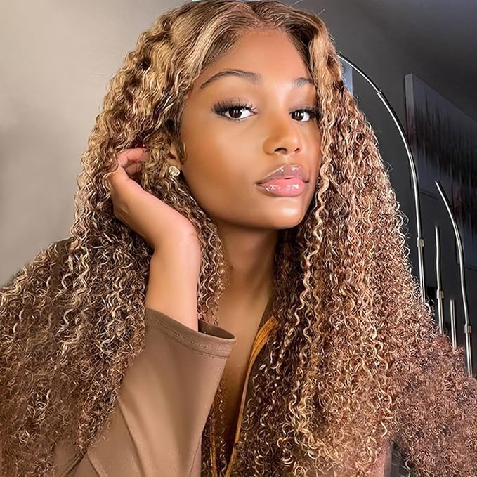 Balayage Highlight Wear and Go Glueless Wig for Beginners 26 inch, Kinky Curly Glueless Wigs Human Hair Pre Plucked Pre Cut Ombre Blonde 4/27, 6x4 HD Lace Front Wig for Black Women 200% Density