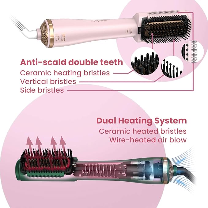 LENA Hair Straightener Brush Dryer PRO Blow Dryer Hot Air Brush - Anti-Scald Straightening Iron Comb Styler with Extra Ion Care, Far Infrared Heating and 3 Modes for Long & Medium Length Hair, Pink