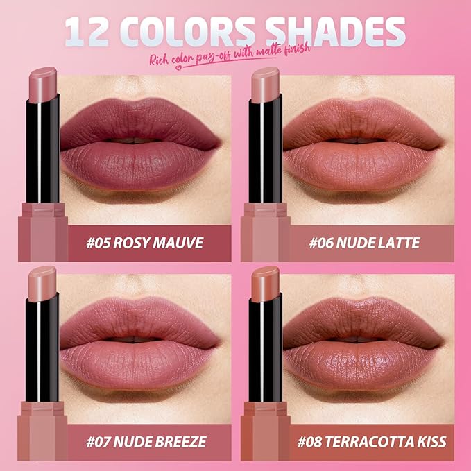Jolilab 2Pcs Velvet Matte Lipstick Nude Matte Soft Dark Color Stick High Pigmented Long-Lasting Waterproof Lip Stick Lip Balm Beauty Cosmetics Gift for Women(#07+08)