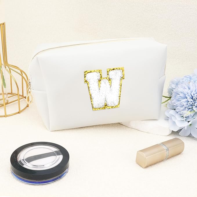 URSKYTOUS Gifts for Girls Initial Makeup Bag Personalized Cosmetic Bag with Zipper Cute Travel Toiletry Bags Waterproof PU Preppy Makeup Pouch Birthday Gift for Teen Girls Women(White W)