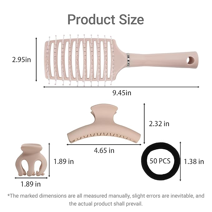 Neutral Tones Hair Accessories Set - 3 Large Hair Claw Clips, 3 Small Claw Clips, Hair Brush, 28 Hair Ties for Women | Non-Slip for Thin & Thick Hair (Nude Pink, Beige, Light Brown)