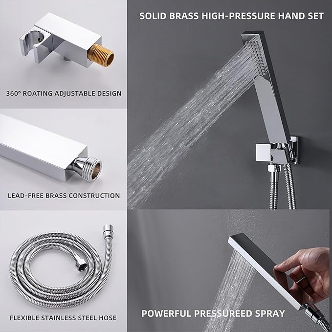 KATAIS Polished Chrome Shower System with Digital Temperature Display, 16x24 inch Ceiling Shower(Rain&Waterfall Modes), with 6 PCS Body Jet and Handheld Spray