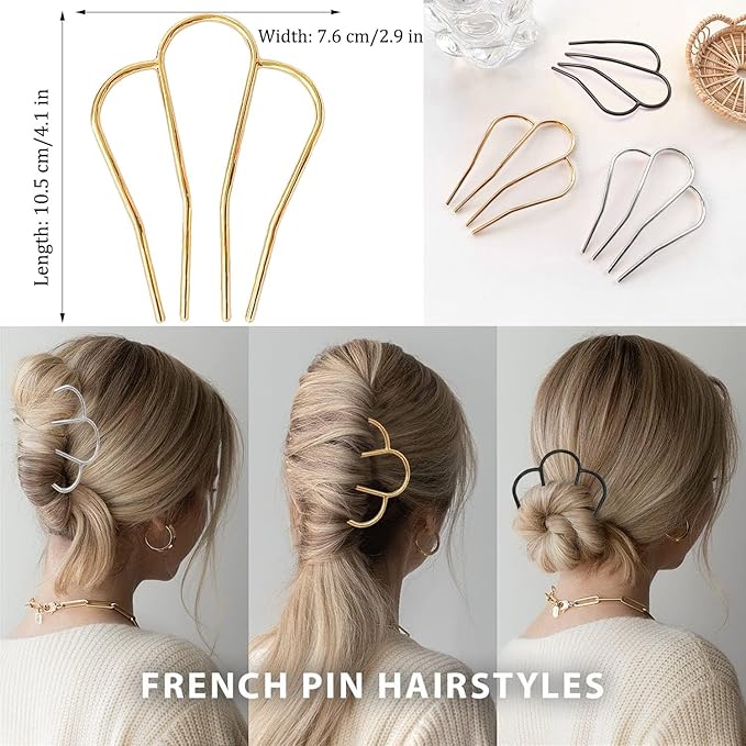 6 Piece Metal Hair Side Combs Hair Fork Clip Pins for Updo Bun, U Shape for Vintage Hairstyle Hair Accessories (Black/Silver/Gold-4 Teeth)