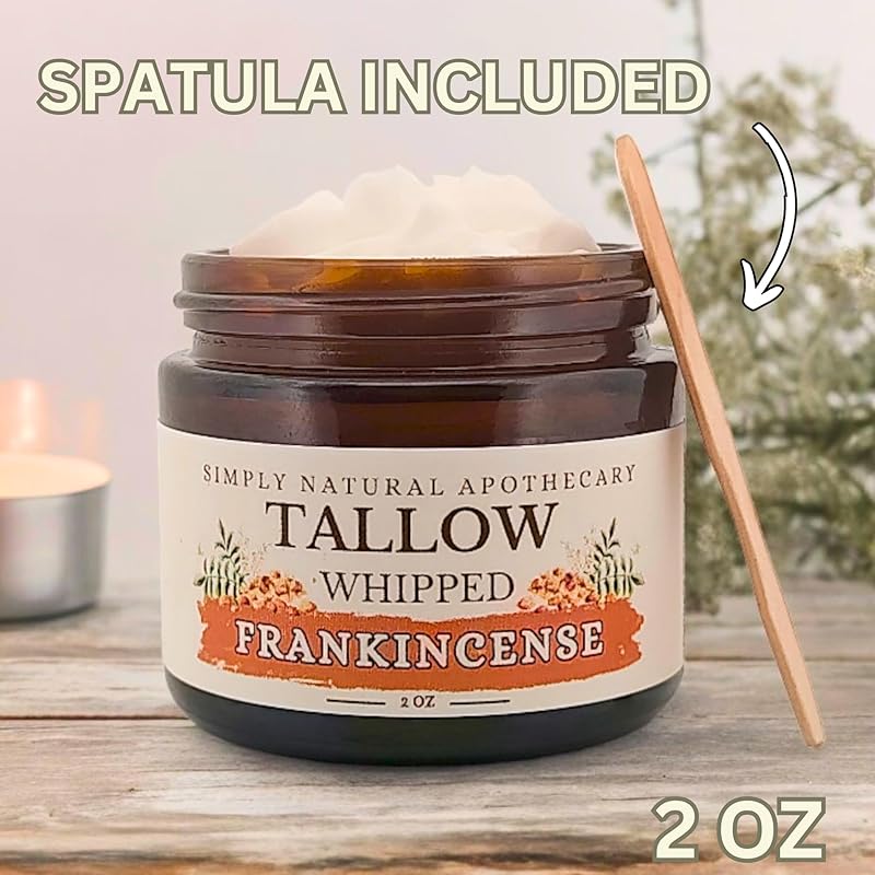 Beef Tallow for Skin Care, Face, Hands - Natural Moisturizer - Whipped - Organic Grass-Fed Beef Fat - Vitamins A, D, E, K - Dry Skin, Baby Diaper Cream - Hydrating - Handmade - Frankincense - 2 oz Jar
