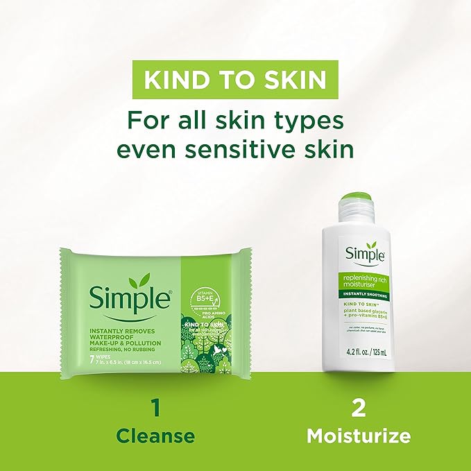 Simple Kind To Skin Cleansing Makeup Remover Wipes - Vegan Facial Cleanser Wipes with Vitamin B5 and E - Removes Waterproof Makeup - 4 pc