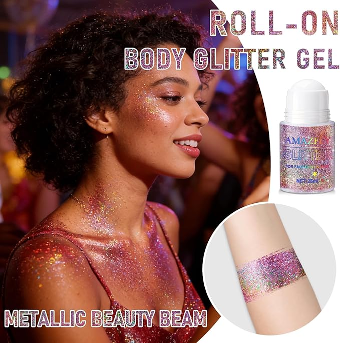 Roll-on Holographic Body Glitter Gel for Face and Hair, Chameleon Color Changing Glitter Gel Under Light, Chunky Mermaid Sequins Festival Party Rave Accessories (Metallic Beauty Beam)